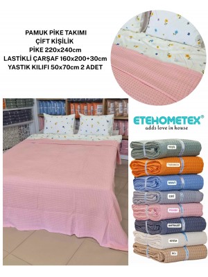 ETEHOMETEX ÇİFT KİŞİLİK %100 PAMUK HAVUZLU PİKE TAKIMI PEMBE 8696474232100